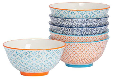 Nicola Spring Patterned Cereal Bowls - 3 Colours - 16cm - Pack of 6 | Hand Printed Japanese Style Stoneware Serving Bowls for Dessert, Pasta, Cereal, Salad, Noodles, Soup