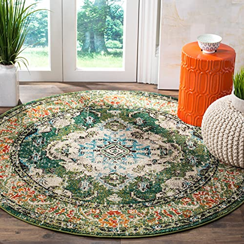 SAFAVIEH Boho Teppich für Wohnzimmer, Esszimmer, Schlafzimmer - Monaco Collection, Kurzer Flor, Waldgrün und Hellblau, 160 x 160 cm