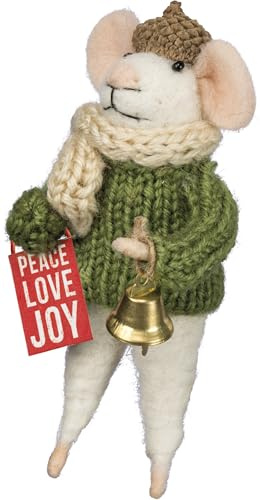 Primitives by Kathy Collectible Critter, Christmas-Themed Felt Critter/Peace Love Joy Sentiment Wearing Sweater/hat/Scarf/Bell Accent. Coordinate with Our Other Collectible Critters/Seasonal Display