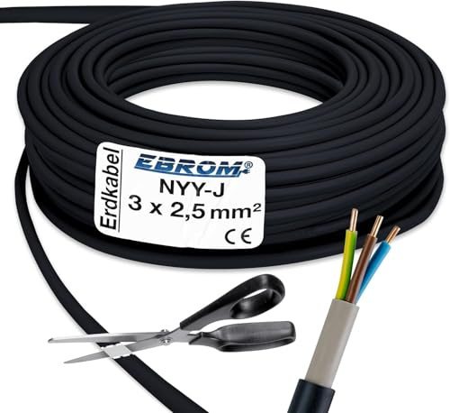EBROM Erdkabel NYY-J 3x2,5 mm² Starkstromkabel Erdleitung schwarz - 20 m | 10m bis 150 m, Elektrokabel zur Verlegung im freien oder im Erdreich - VDE 0276, Teil 603, Nennspannung: 600/1000V, 3x2,5 mm2