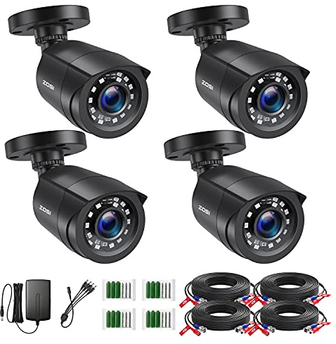 ZOSI 1080P 4 Pack HD TVI Security Cameras, 80ft Night Vision, Outdoor Indoor Weatherproof Bullet Camera for 1080P/5MP/4K HD TVI Analog CCTV DVR System