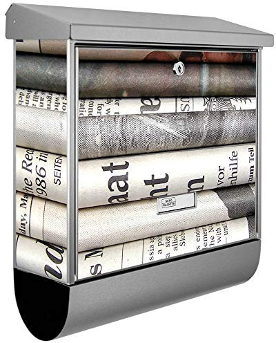 banjado® Burgwächter Briefkasten Edelstahl 38x39x12cm mit Motiv Zeitungen/Briefkasten Edelstahl ohne Zeitungsfach/Briefkasten grau/Postkasten inkl. Montagematerial & 2 Schlüsseln