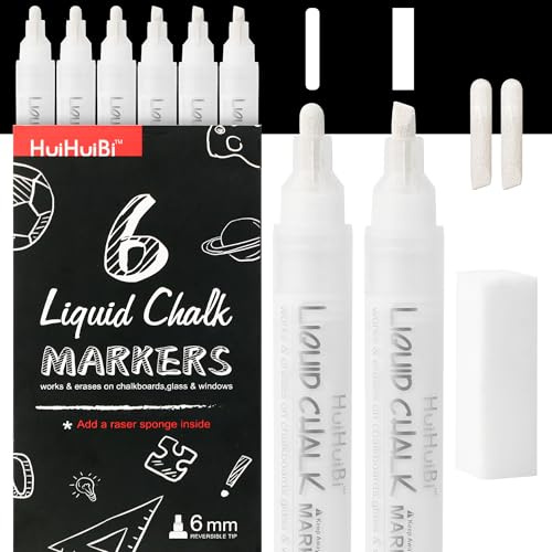 HUIHUIBI White Chalk Markers,6 Pack Set Liquid Chalk Pens,White Dry Erase Marker Pen for Blackboard,Windows,Chalkboards,Glass,Signs,Bistro