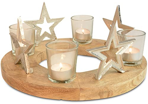 Adventskerzenhalter mit Sternen und Teelichtgläsern Ø 30 cm - Silber 70337 | Adventskranz