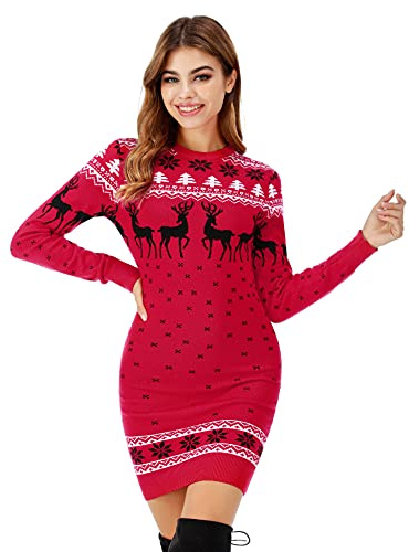 Totatuit Vestido de Punto para Mujer Invierno Vestido de Suéter Navidad Reno Copo de Nieve Jersey Vestido Cuello Redondo Manga Larga Slim Fit Sweater Básico Otoño Rojo, L