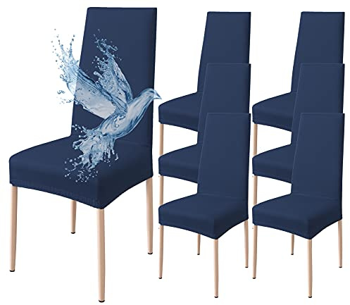 Poligino Stuhlhussen 6er Set Wasserdicht Stretch Universale Weich und Bequem, Stuhlbezug für Haus, Küche, Hochzeit, Restaurant, Party, Hotel, Zeremonie, Bankett - Blau