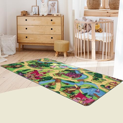Primaflor Kinderteppich Candy Town rosa 95 x 200 cm Interaktiver Straßenteppich mit Märchenkulisse, kurzflorige Kindermatte mit Straßen und Flüssen, CE geprüft, pflegeleicht, Fußbodenheizung geeignet