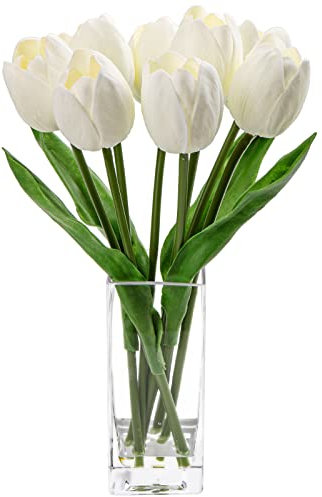 Hollyone 8PCS Artificial Tulips with Glass Vase Realistic Fake Flowers, Real Touch White Faux Flowers in Vase for Home, Living Room, Wedding, Centerpiece, Office, Party Decorations
