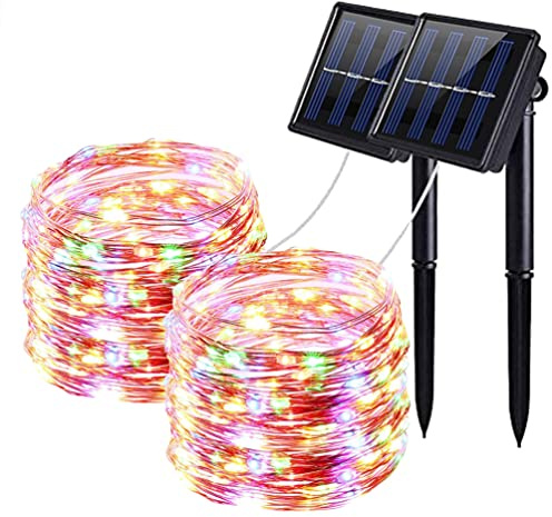 QSPORTPEAK Solar Lichterkette Aussen, 2x12M 100 LED Solarlichterkette Außen Wetterfest 8 Modi IP65 Wasserdicht Kupferdraht Lichterkette Außen Solar Outdoor für Balkon Garten Party Hochzeit Deko Bunt