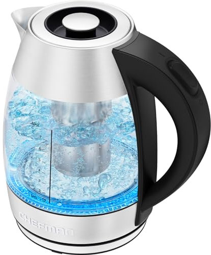 Chefman Bollitore elettrico in vetro, 1,8L, indicatore luminoso a LED, con infusore da tè, spegnimento automatico e protezione da funzionamento a secco, senza bisfenolo A, 2200 W
