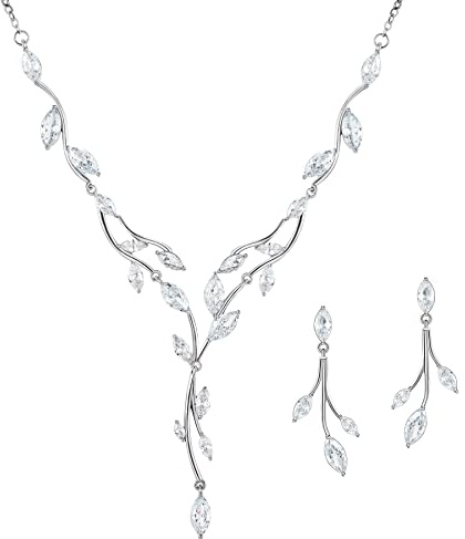 SWEETV Jewelry Set for Women, Cubic Zirconia Marquise Vine Cluster Silver Bridal Earrings and Necklace Set, Bridal Jewelry Set for Wedding Prom