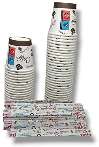 Terryshop74 Kit completo 100 bicchierini caffè di carta 66 ml Ecologici Biodegradabili Monouso Piccoli Asporto Bevande Calde (100 bicchieri + 100 palette)