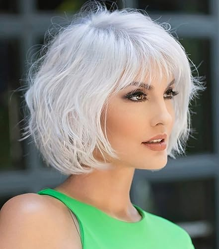 ccXrC Fashion Mujeres Peluca de Pelo Rizado Corto Blanca Plateada para Diario con Flequillo Bob en Capas