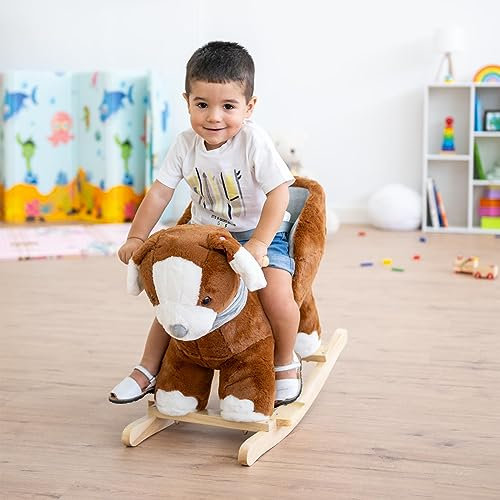 ATAA Caballito balancín para bebé en Forma de Perrito, Caballo Mecedora Suave con con música, manillas, reposapies y cinturón(Perrito)
