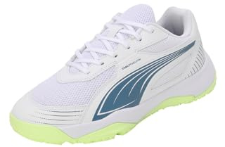 PUMA Unisex Youth SOLARFLASH III JR Indoor Court Shoe, PUMA White-Blue Horizon-Fizzy Apple, 4.5 UK
