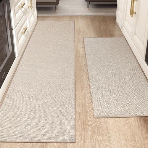 COLOR&GEOMETRY Kitchen Rugs Non Slip Washable 43x120cm+43x240cm, 4mm Thin Woven Rubber Backed Kitchen Runner Rug, Absorbent Easy to Clean Floor Mats for in Front of Sink, Laundry Room, Hallway, Khaki