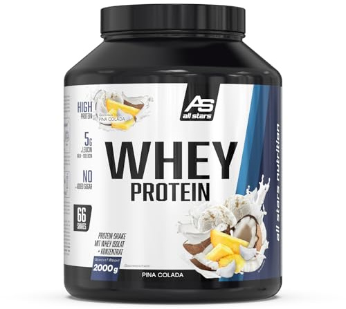 ALL STARS 100% Whey Protein Pulver 2000g Piña Colada | Cremiger Shake mit bis zu 80% Eiweiß, enthält wertvolle Aminosäuren für Training, fettarm & kohlenhydratarm