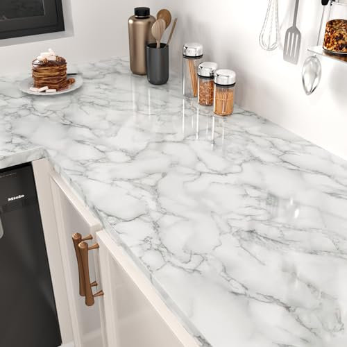 HotDecor Vinilo Marmol Adhesivo Muebles Papel Pintado Autoadhesivo Blanco Gris Vinilo Encimera Cocina Armarios Papel Decorativo Blanco Gris Pared Papel Adhesivo Para Muebles Lavable 60 x 300cm