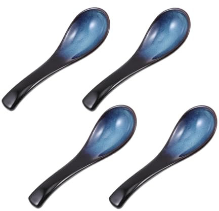 Garneck Japanese Ceramic Soup Spoons Set 4pcs Blue Porcelain Food Spoons for Home Cooking and Ramen Serving