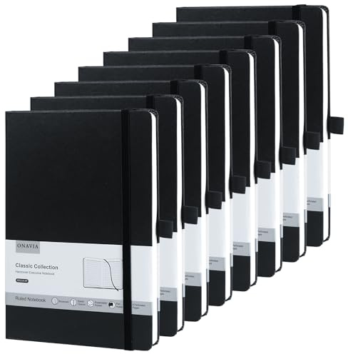 ONAVIA 8 Pack Notebook A5 Black Lined Journal Notebook for men, Classic College Ruled Paper Notebooks for Writing, Hard cover Notepad with Pen Loop for Work, Travel, College, 160 Pages