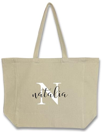 Tote bag tela Personalizable, Bolsa de algodon-Polyester Personalizada con INICIAL Y NOMBRE, Bolsa multiusos, Diseño con Vinilo termoadhesivo textil Montaje a Mano|Con cremallera y bolsillo interior