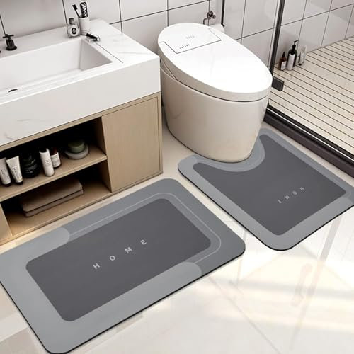 Bingobang 2 PCS Absorbent Bath Mat Set Non Slip Anti Mould, Diatom Mud Bathroom Shower Mat, Washable Quick-Dry 4 Layer Thickened Toilet Floor Rug (Dark Gray Combination, 45 x 75 cm + 45 x 60 cm)