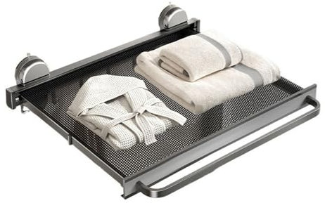 Badrumshyllor Sugkoppshandduksställ, utdragbar handdukshållare självväggmonterad, infällbar handdukshållare i aluminium med stång och aktivitetskrokar, platsbesparande Dusch Caddy(44cm)