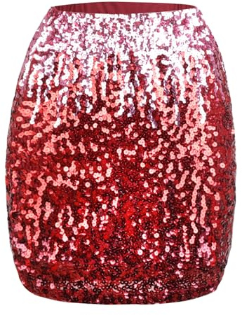 Kefiyis Pailletten Rock Glitzer Rock Damen Elastische Taille Pailettenrock Glitzerrock mit Futter Festival Karneval Party Röcke Rosa/Rot S