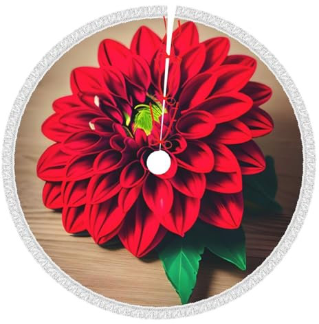 Wooden Board Retro Flower Red Dahlia Christmas Tree Skirt With Pom Pom, Suitable For Xmas Tree Skirt 48 Inch,Tree Mat Cover