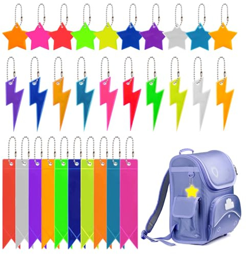 WEDAMOO 30 Stück Sicherheits Reflektor Anhänger, Stern Reflektor Anhänger | Reflektoren Anhänger, Wasserdicht, für Kinder Erwachsene Schultasche, Rucksack, Radfahren, Gehen(3 Formen/10 Farben)