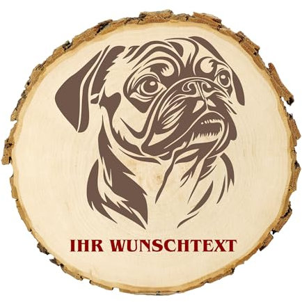 KIWISTAR UG - 14-16 cm Baumscheibe - Mops - Hund - personalisiertes Geschenk individuell selbst gestalten - Name - Holzscheibe mit Wunschtext - Naturholz - Geschenk - Türschild