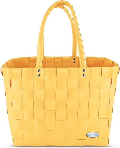 normani® Einkaufstasche Shopper geflochten aus Kunststoff - robuster Strandkorb Vintage Style 38cm x 25cm x 28cm Gelb Einheitsgröße