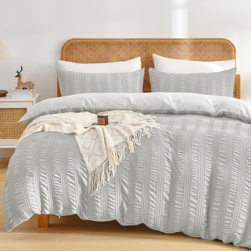 Fondream Seersucker Duvet Cover King Size Pompom Tassels Design Grey Bedding Set Textured Bedding Set with Zipper Closure (Grey, King)