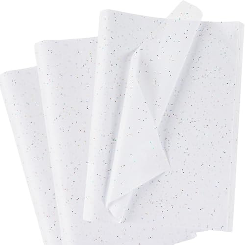 Weiß Seidenpapier für Geschenktüten, 60 Blatt Glitzer Seidenpapier Verpackungsmaterial, Weiß Seidenpapier mit Metallic-Folie, Glänzendes Transparentpapier für Geburtstage, Weihnachten, 50 x 35 cm