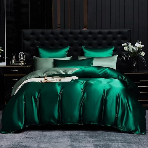 Gezu Ropa de cama de satén, 135 x 200 cm, 2 piezas, color verde salvia, verde y sedoso, funda nórdica lisa de seda de lujo, ropa de cama de satén brillante, funda de edredón individual con cremallera