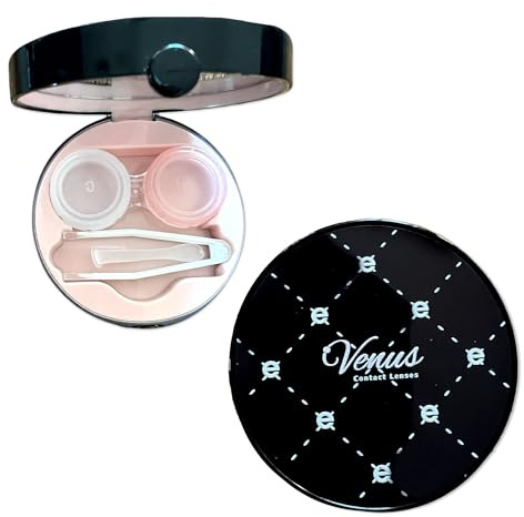 Venus Star Magic Contact Lens Case with Mirror, Bottle, Tweezers & Contact Lenses Insert Aid - Lens Container for Soft & Hard Lenses, Luxury black and white, Star magic