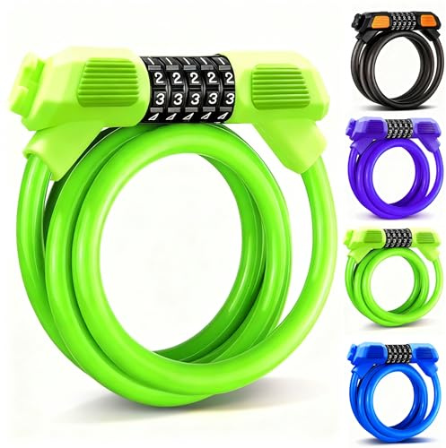 Fenxyo Candado de Bicicleta, Candado de Cable de Alta Seguridad para Bicicleta 120cm/12mm, cadenas de combinación impermeables ajustables de 5 dígitos para bicicleta, moto, puerta, Verde
