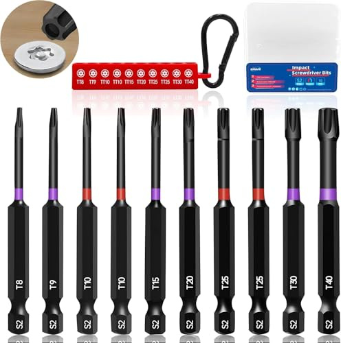 KASAFE 10pcs 70mm Magnetische Security Torx Schraubendreher Bits Set, S2 Stahl Impact Bits für Akkuschrauber & Schlagschrauber, 1/4 Sechskantschaft Phosphid Schwarz, T8 T9 T10 T15 T20 T25 T30 T40