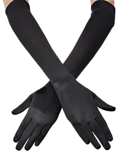 FENGCHUANG 2 Paar Lange Handschuhe Damen 55cm Handschuhe Elegant Damen 1920s Satin Classic Abendhandschuhe für Damen für Classic Oper Maskerade Cosplay-Kostüme Halloween(Schwarz)