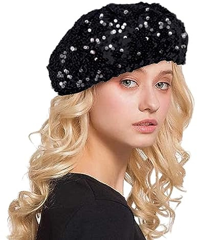 Wenlzhnb Baskenmütze Damen Pailletten Hut Faschingsmütze Disco Hut Kappe Paillettenmütze mit Glitzer Paillettenbesetzte Tanzmütze für Damen Mädchen Baskenmütze für Party Club Festival