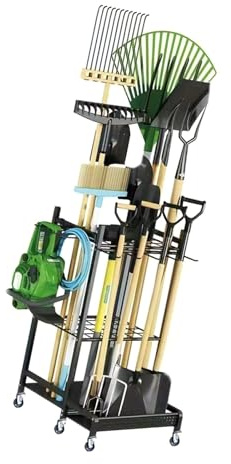 YIGZYCN Support utilitaire mural avec sections et roulettes, parfait pour garder votre équipement de plein air bien organisé en acier compact avec séparateurs et roulettes, idéal pour ranger le