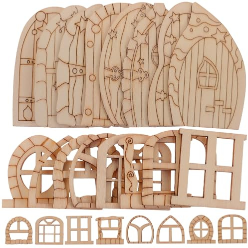 Roleader Set 64 Pezzi Porta e Finestre Miniatura in Legno, Porte delle Fate per Giardino, Accessori per Casette di Legno, Giocattoli per Ragazzo Ragazza, Decorazioni da Esterno