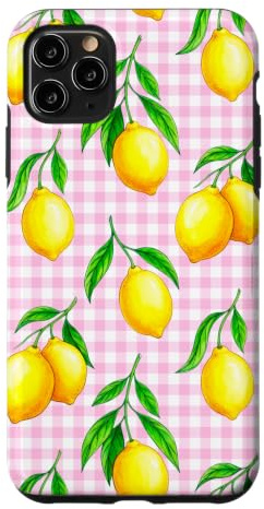 Custodia per iPhone 11 Pro Max Preppy Cute Cottagecore Estetica Mini Gingham Rosa Limone