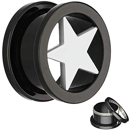 Treuheld | STERN Flesh Tunnel - SCHWARZ/WEIß - Ohr Plug zum Schrauben | 13 Größen 6-30mm - Gewinde schraubbar | Chirurgen-Stahl 316L Edel-Stahl Piercing Tunnel-Schmuck - STAR
