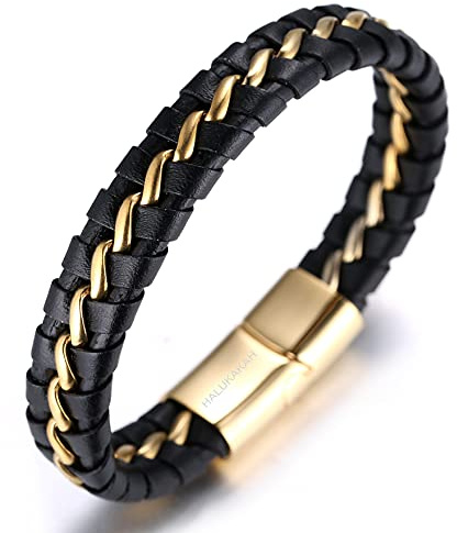 Halukakah ● Solo Silber/Ehre Gold/Nachtwache Schwarz ● Herren-Armband Handgefertigt | Echtleder in Schwarz | Magnetverschluss aus Edelstahl | Titan Kette | KOSTENLOS Geschenkbox
