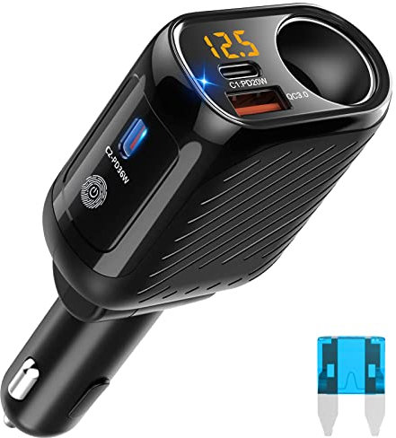 Dual PD USB C Auto Ladegerät 150W: KFZ Zigarettenanzünder Verteiler Adapter 12V Mehrfach Steckdose 12 Volt DC Stecker Splitter mit Schalter LED Voltmeter für iPhone Sitzheizung GPS Kamera Navi