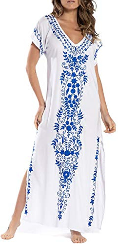 L-Peach Lång broderad klänning, kaftan, bomull, bikini, strandklänning för kvinnor, one size
