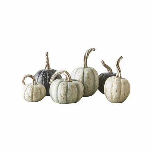 Loberon Kürbis 6er Set Yokane, Creme/grün/schwarz | Verschiedene Designs - Handbemalt - Individuell Geformt - Stimmungsvolle Herbstdekoration - Dekoobjekt - Polyresin