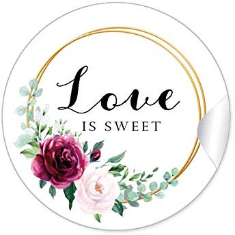 72 STICKER Love is Sweet Etiketten für ihr Gastgeschenk mit roter Rose und zwei Ringe in Goldgelb kein Echtgold zum beschriften von Selbstgemachtes, Briefen oder Geschenkverpackungen