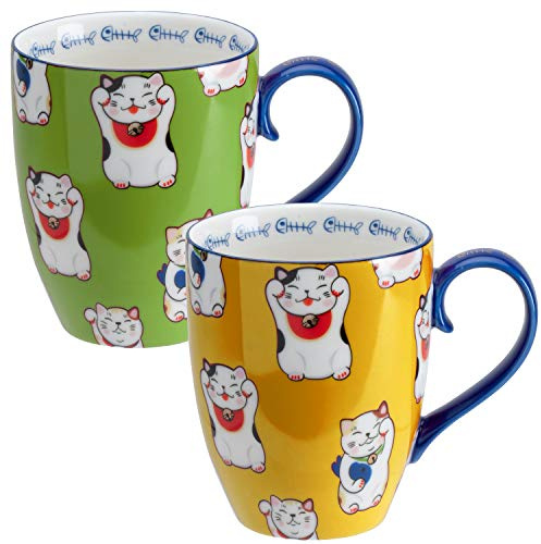 TOKYO design studio Kawaii 2-er Tassen-Set gelb und grün mit blauen Henkeln, Ø 8,5 cm, 10,2 cm hoch, 380 ml, asiatisches Porzellan, Japanisches Glückskatzen Motiv, inkl. Geschenk-Verpackung